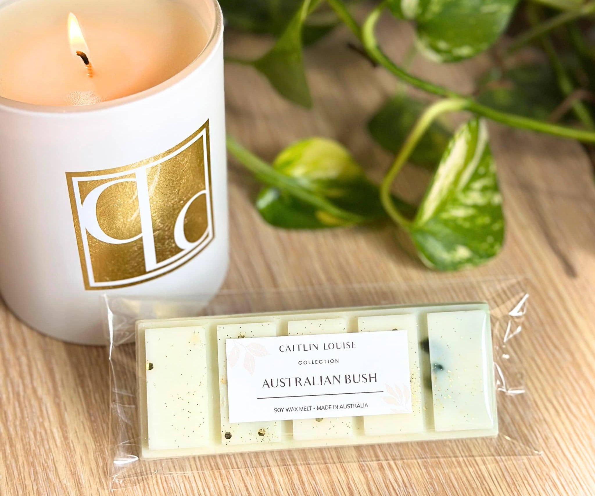Australian Bush wax melt snap bar in packaging with lit candle