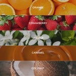 Collage of oranges, strawberries, jasmine flowers, caramel, and coconuts with labels underneath.