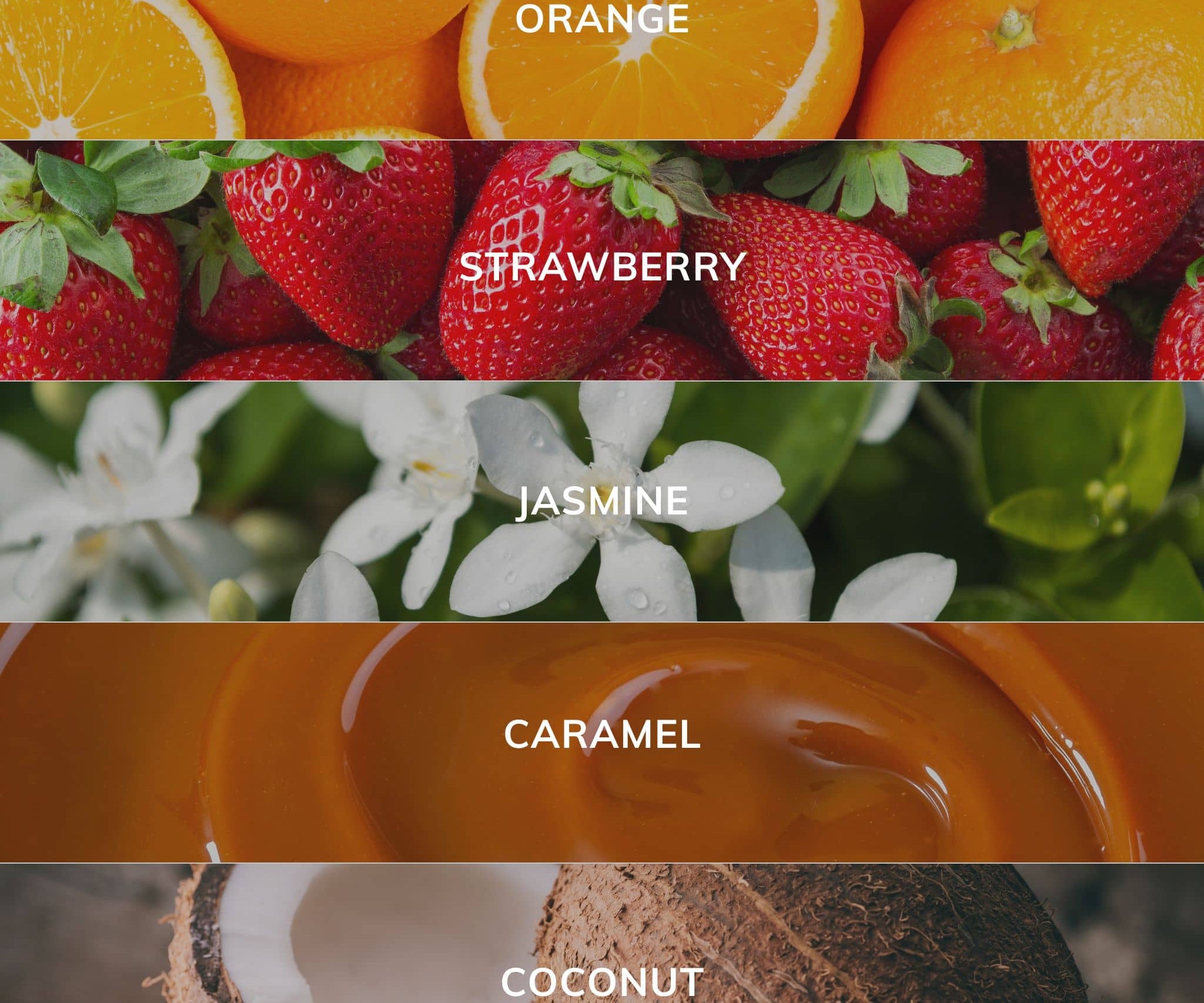 Collage of oranges, strawberries, jasmine flowers, caramel, and coconuts with labels underneath.