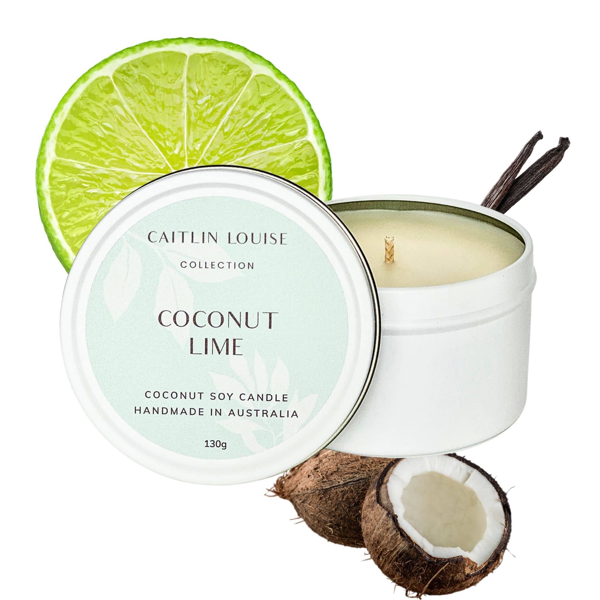 Coconut lime scented travel tin candle - white background