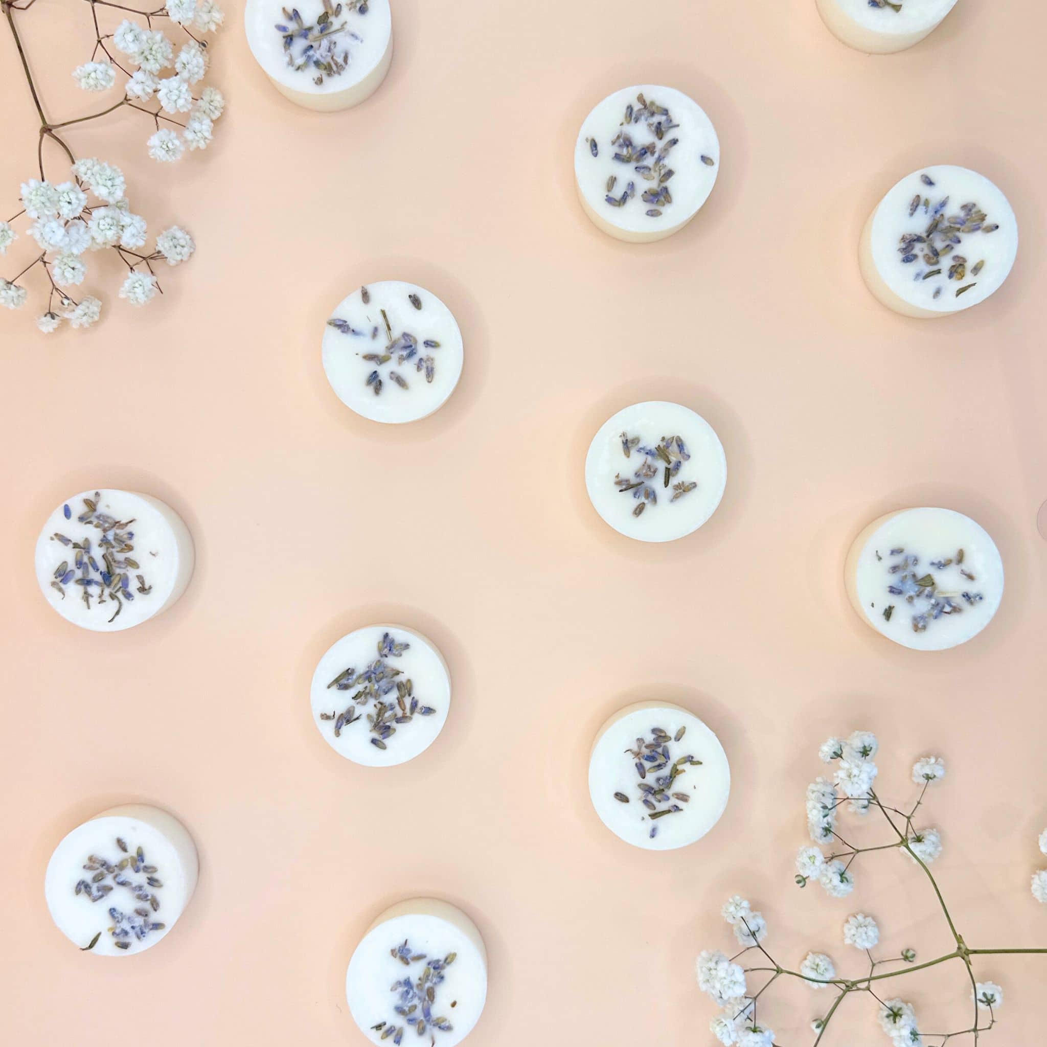 French Lavender and Cade wax melts with dried lavender - flat lay