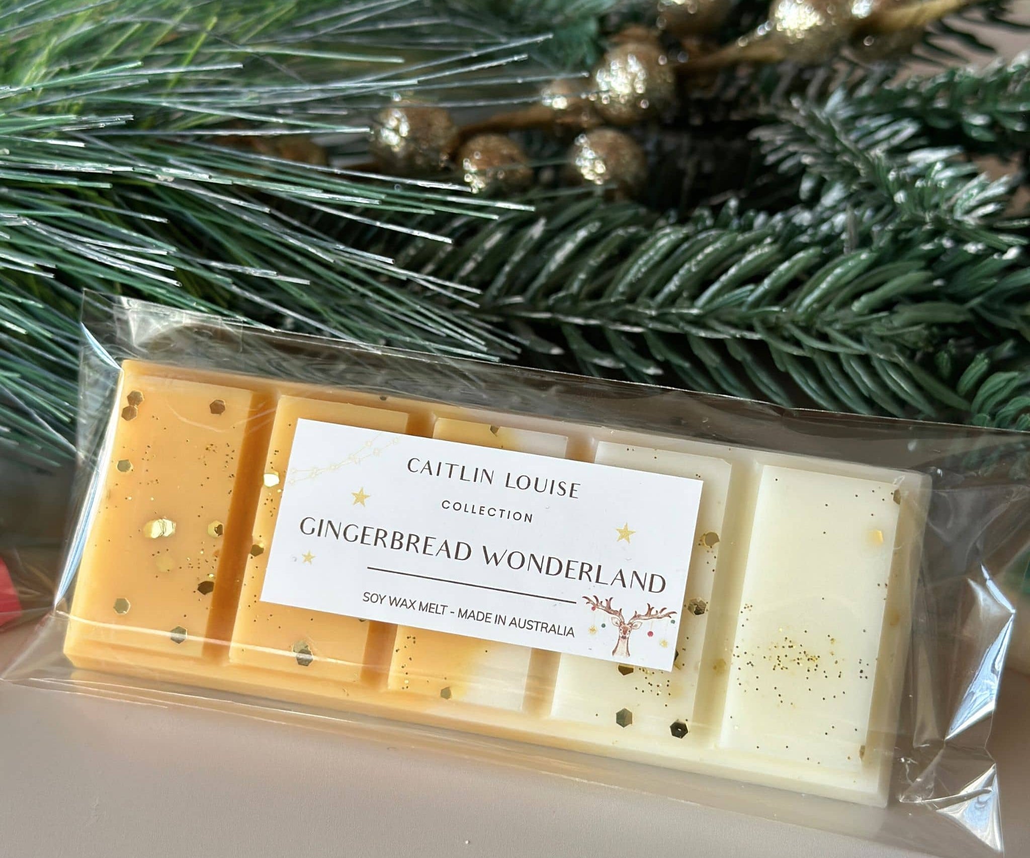 Caitlin Louise Collection Gingerbread Soy Wax Melt - in packaging - styled with wreath