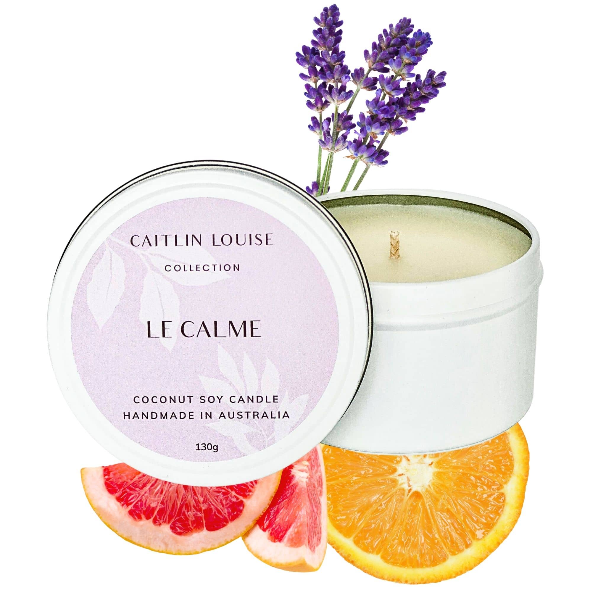 Le Calme scented travel tin candle - white background