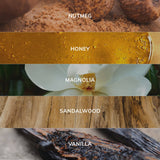 Collection of different scents with labels including nutmeg, honey, magnolia, sandalwood, and vanilla.
