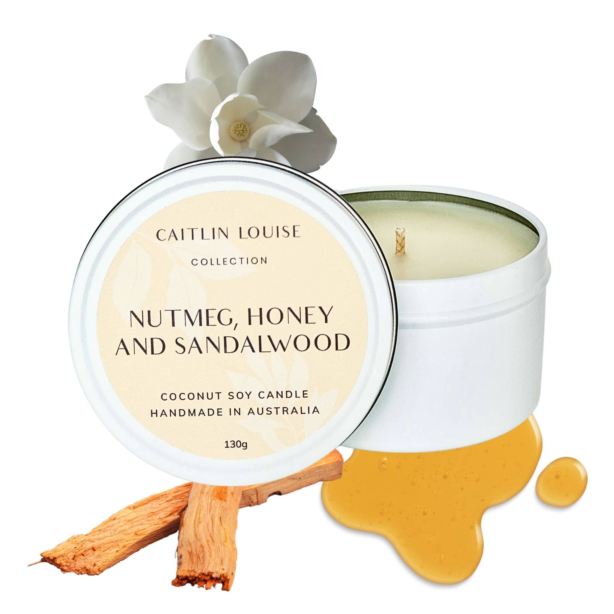 Nutmeg, honey and sandalwood scented travel tin candle - white background