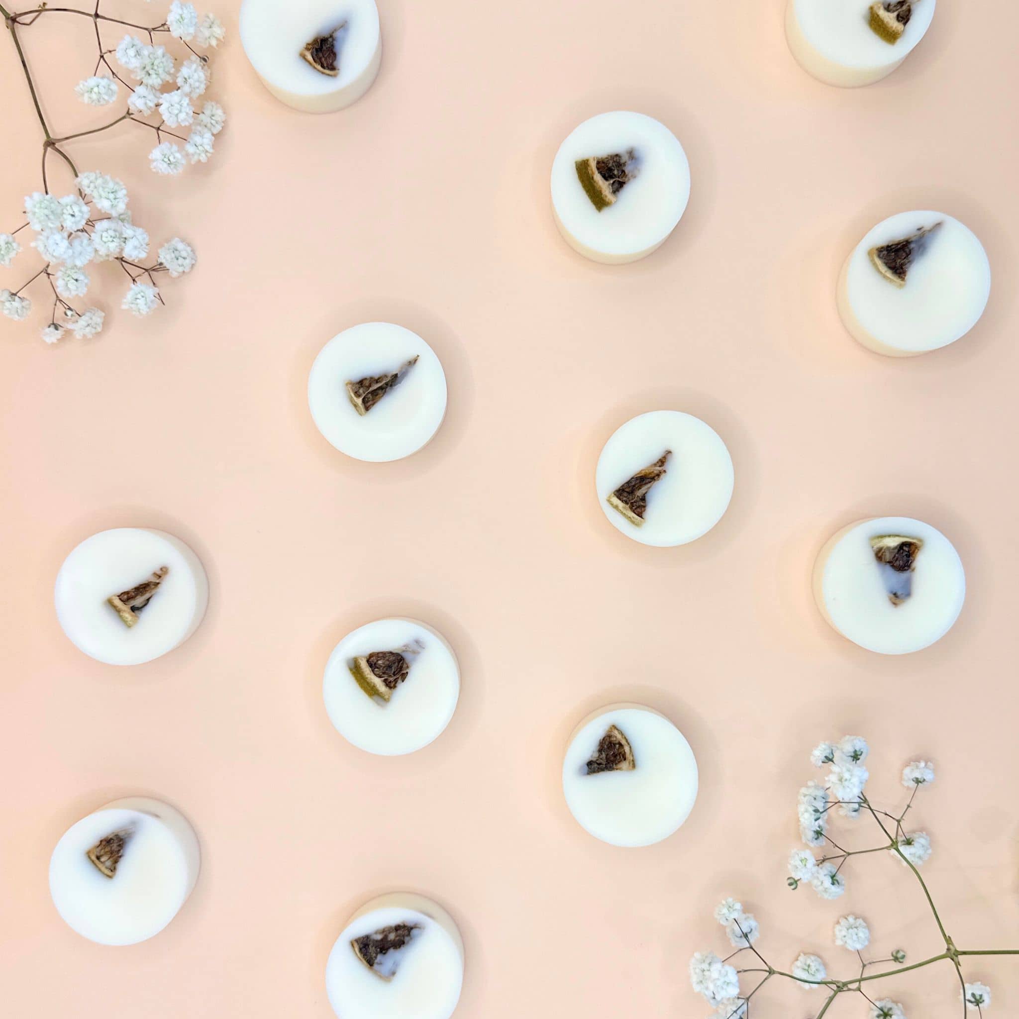 Pear and Lime wax melts with dried lime - flat lay