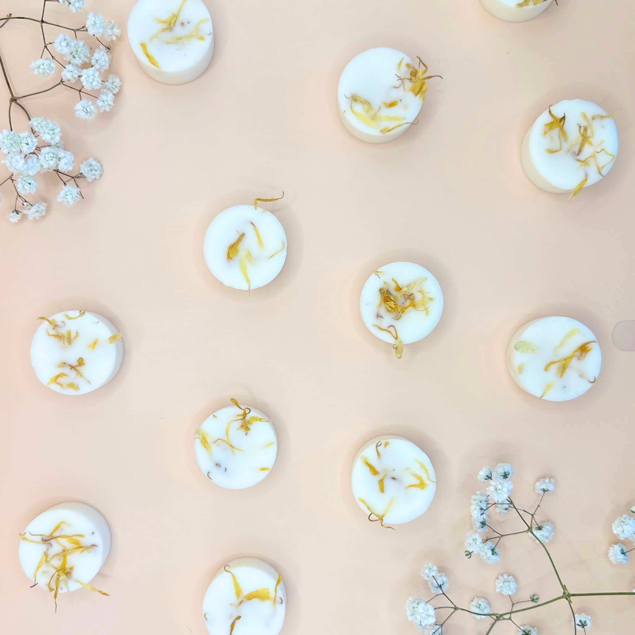Saffron and Sea Salt wax melts with dried botanicals - flat lay