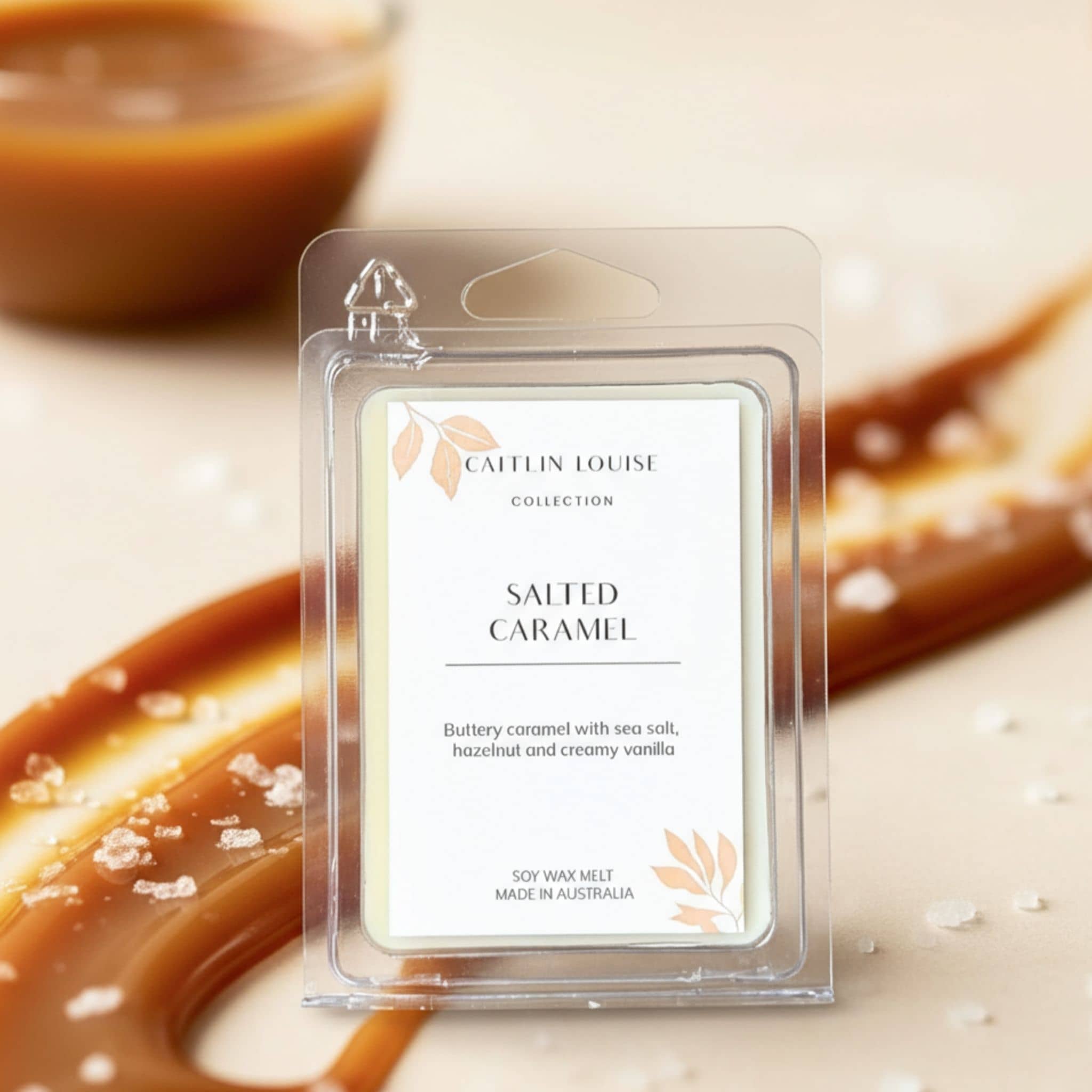 Caffin Louise salted caramel wax melt packaging with a caramel background