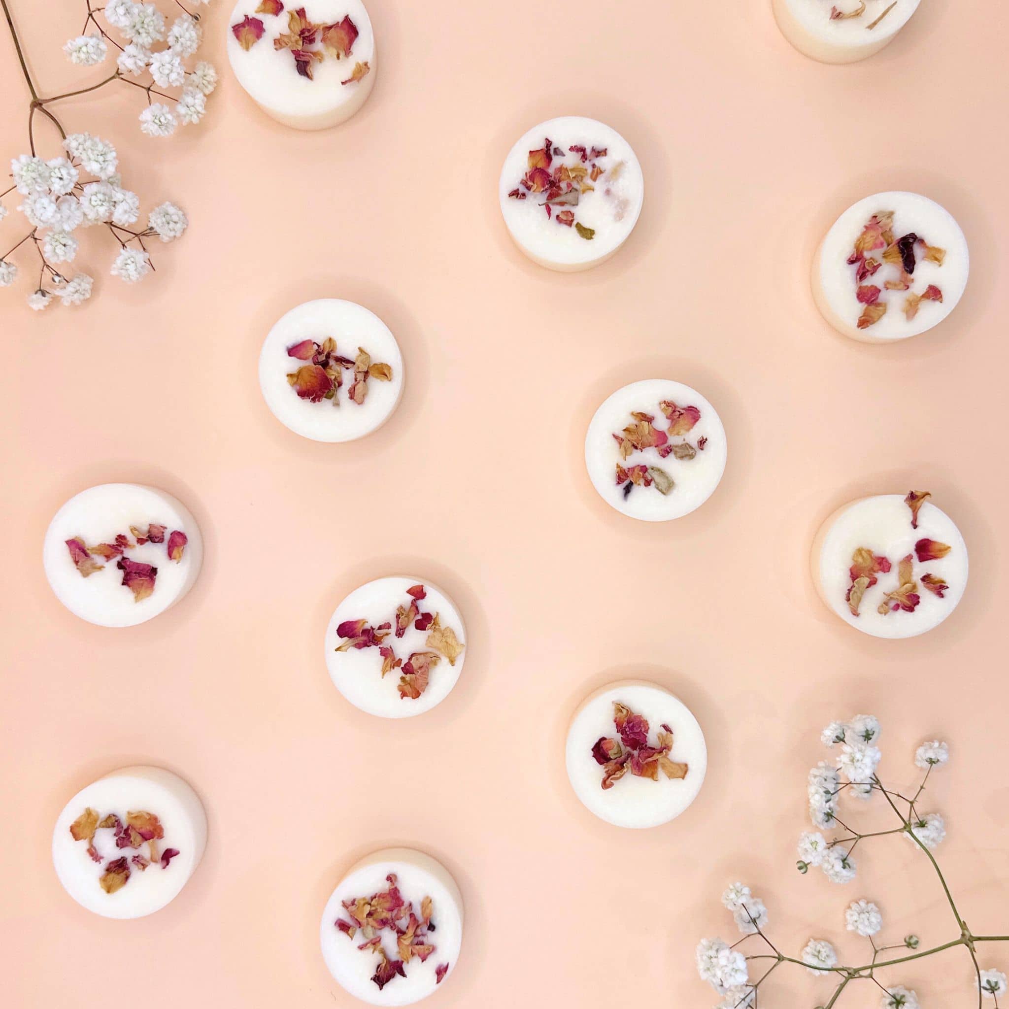 Victorian Rose wax melts with rose petals - flat lay