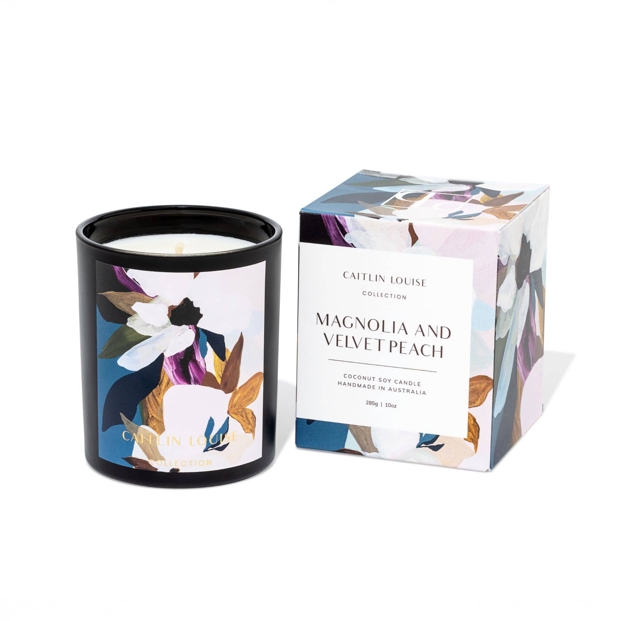 Caitlin Louise Collection Le Calme scented candle styled on purple base, white background