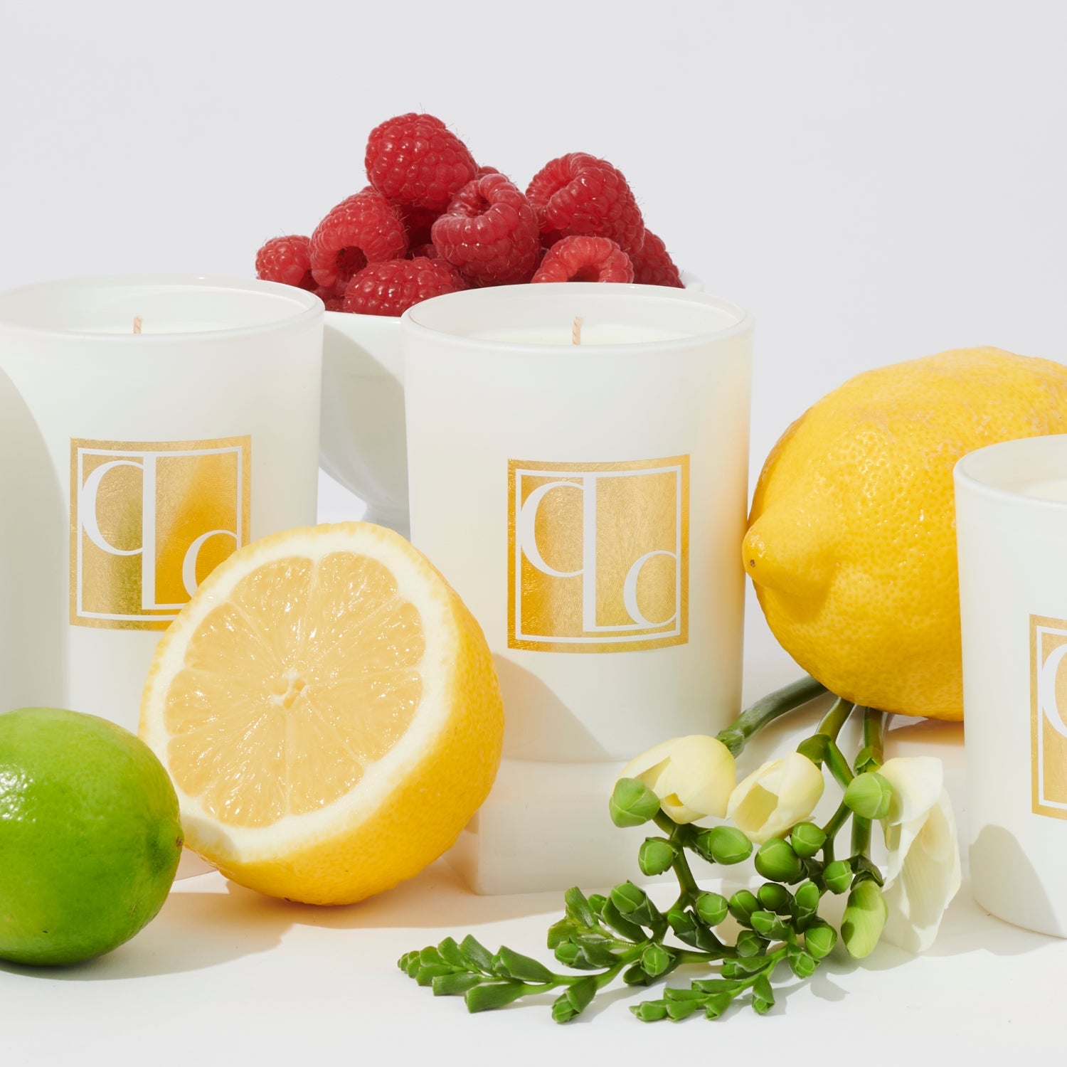 Caitlin Louise Collection Mini Candle Collection - with berries, lemons, freesia and limes surrounding.
