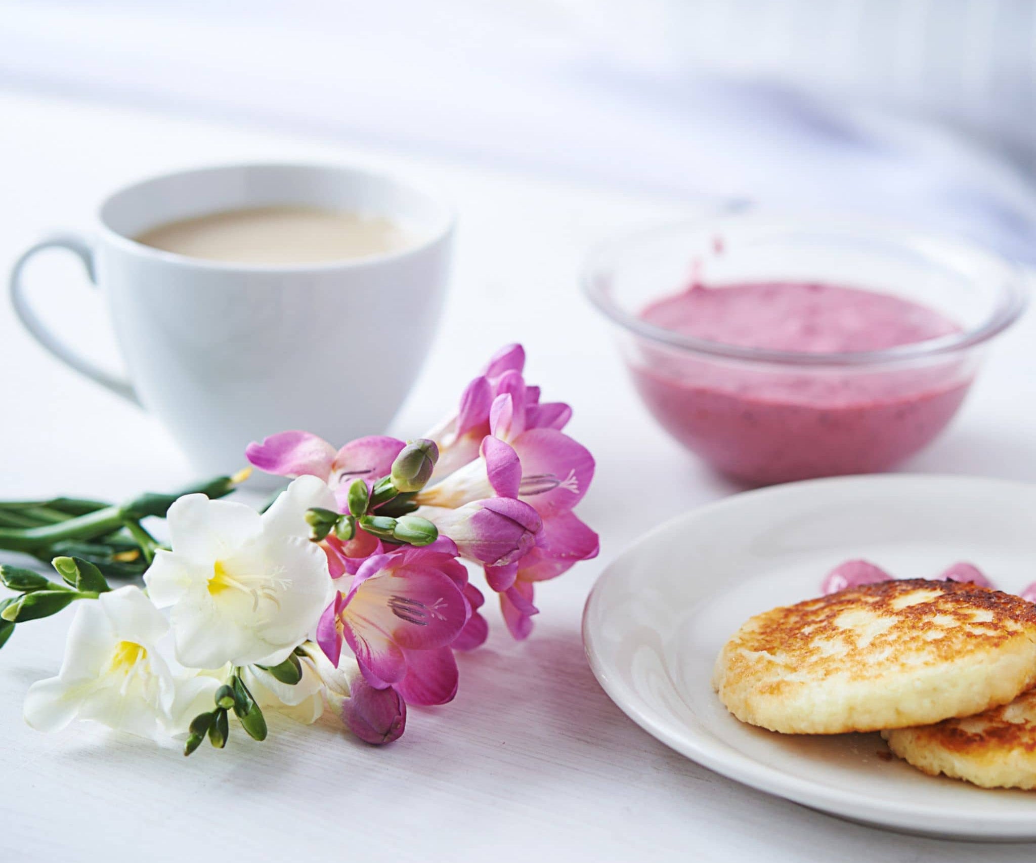 Freesias with coffee and pancakes