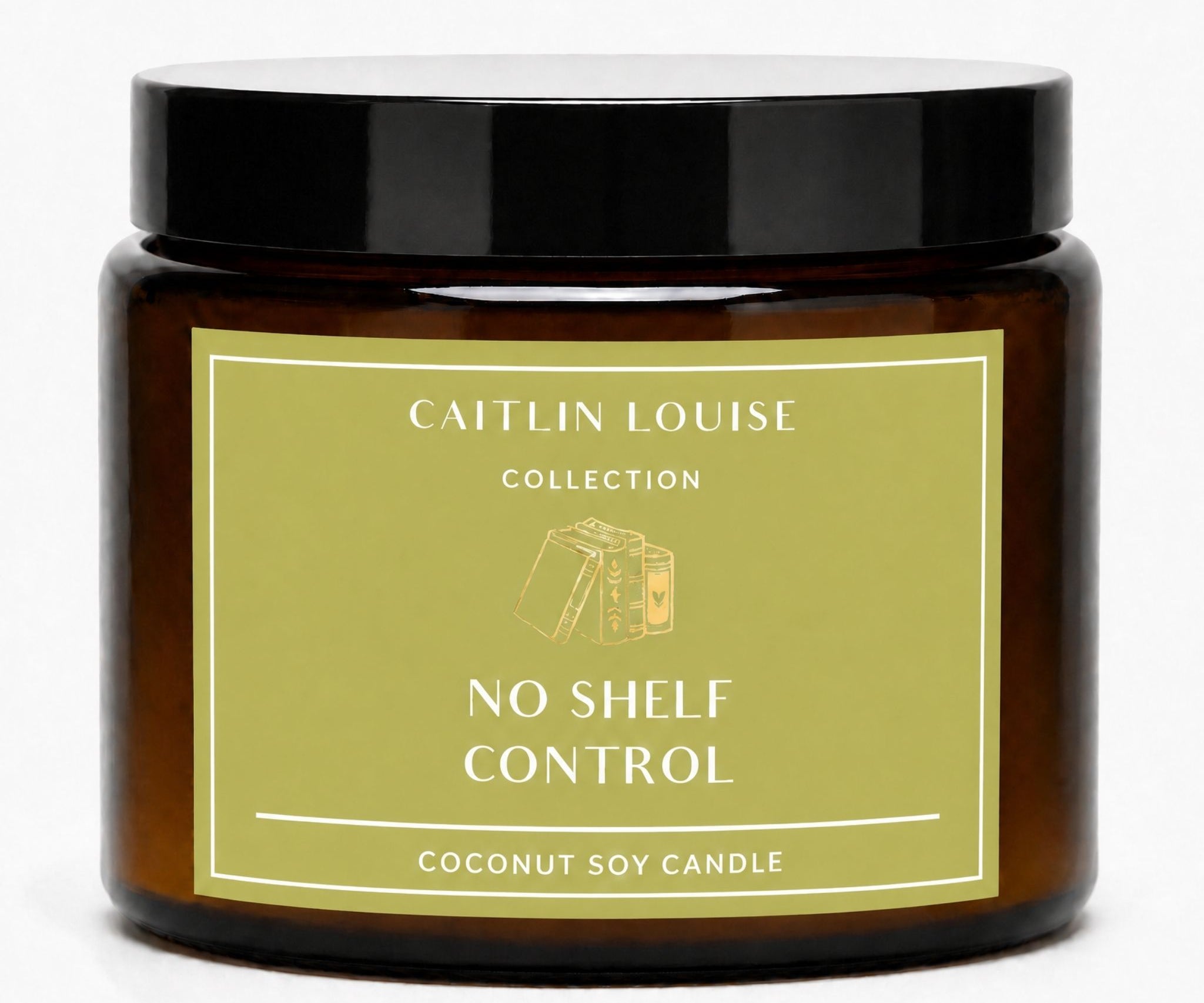 A coconut soy candle in an amber glass jar with a black lid and a muted olive-green label reading 'CAITLIN LOUISE COLLECTION NO SHELF CONTROL'.