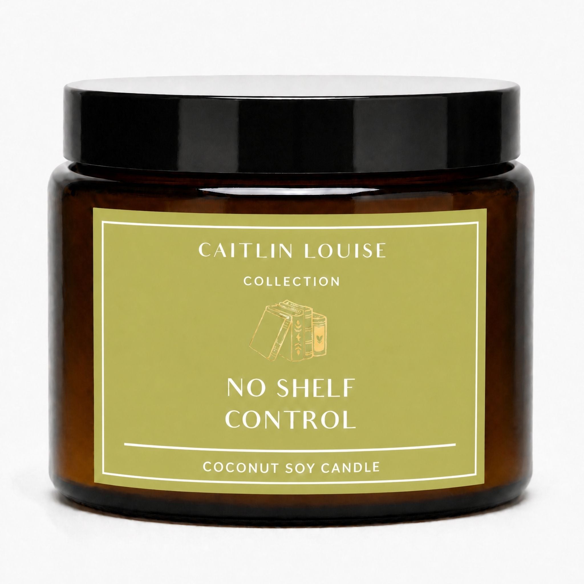 A coconut soy candle in an amber glass jar with a black lid and a muted olive-green label reading 'CAITLIN LOUISE COLLECTION NO SHELF CONTROL'.