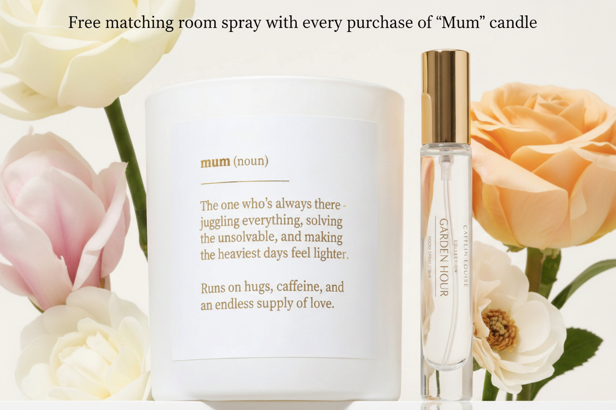 Caitlin Louise fragrance product with flowers in the background