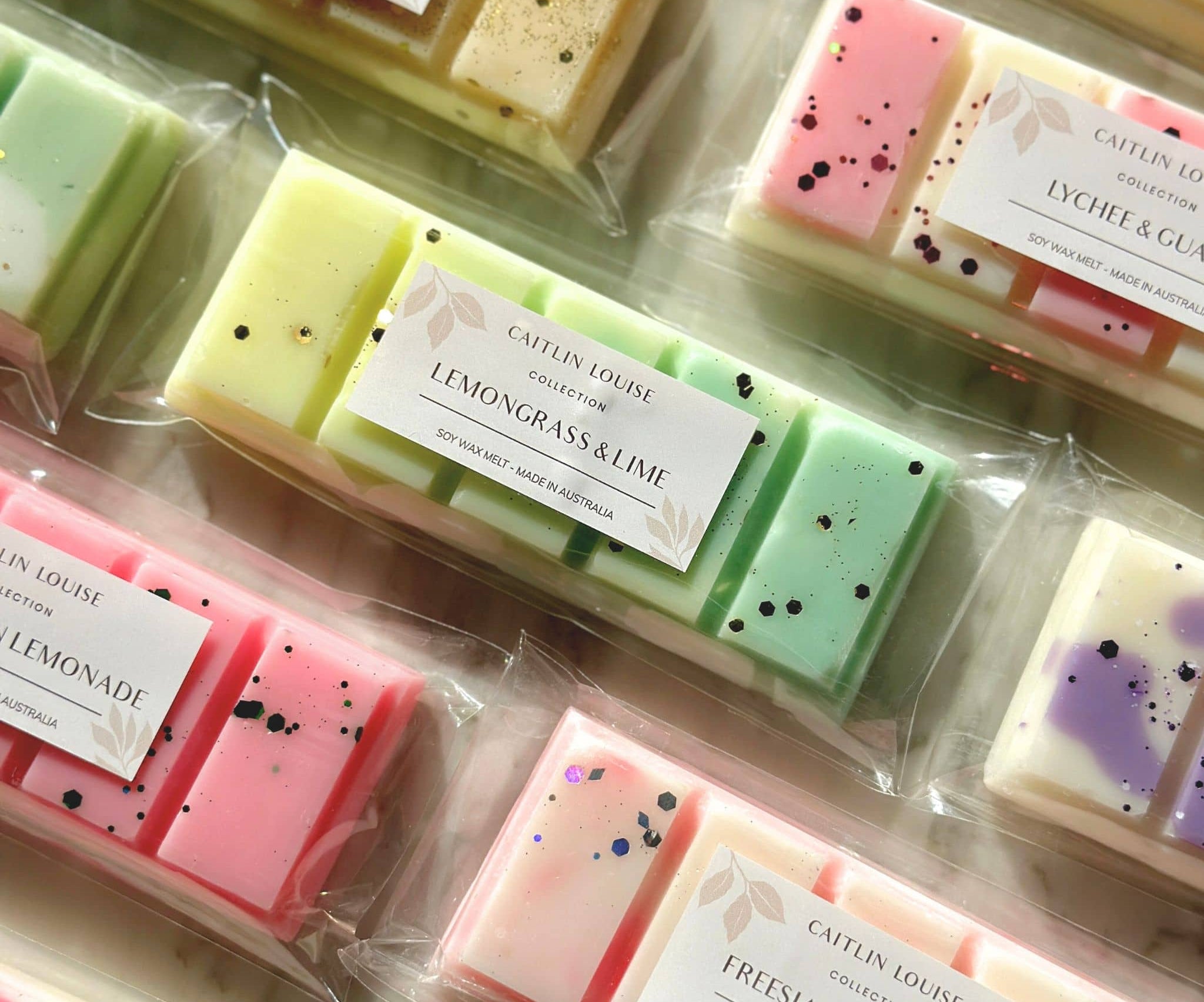 Close up of Caitlin Louise Collection's Lemongrass and Lime Soy Wax Melt Snap Bar
