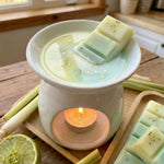 Lemongrass and lime wax melt melting in melter with ingredients surrounding it on a wooden bench