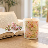 Australian Native Summer Artist Candle on wooden table with open book and sprig of flowers in background
