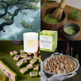 Collage of a candle, tea set, cookies, and greenery.
