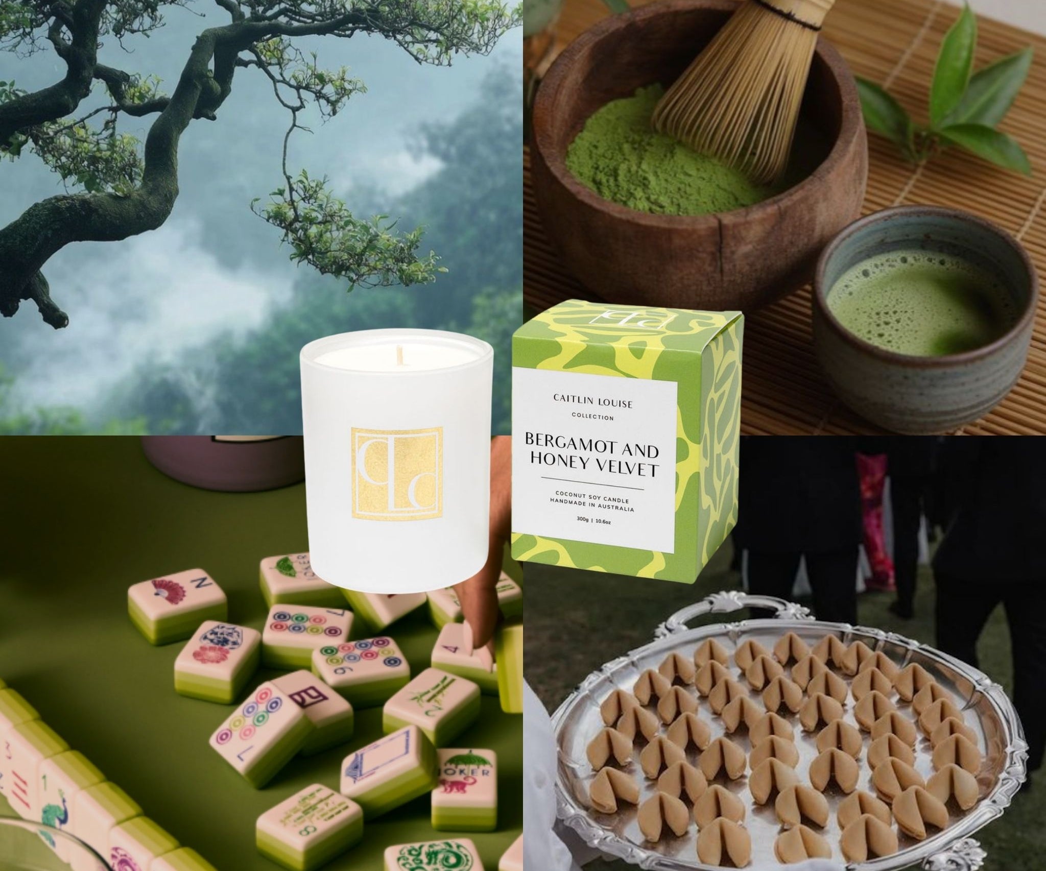 Collage of a candle, tea set, cookies, and greenery.