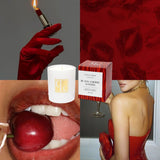 Collage of a lit candle, red lips with a cherry, a box labeled 'Black Cherry Woods', and a woman in red high heels.
