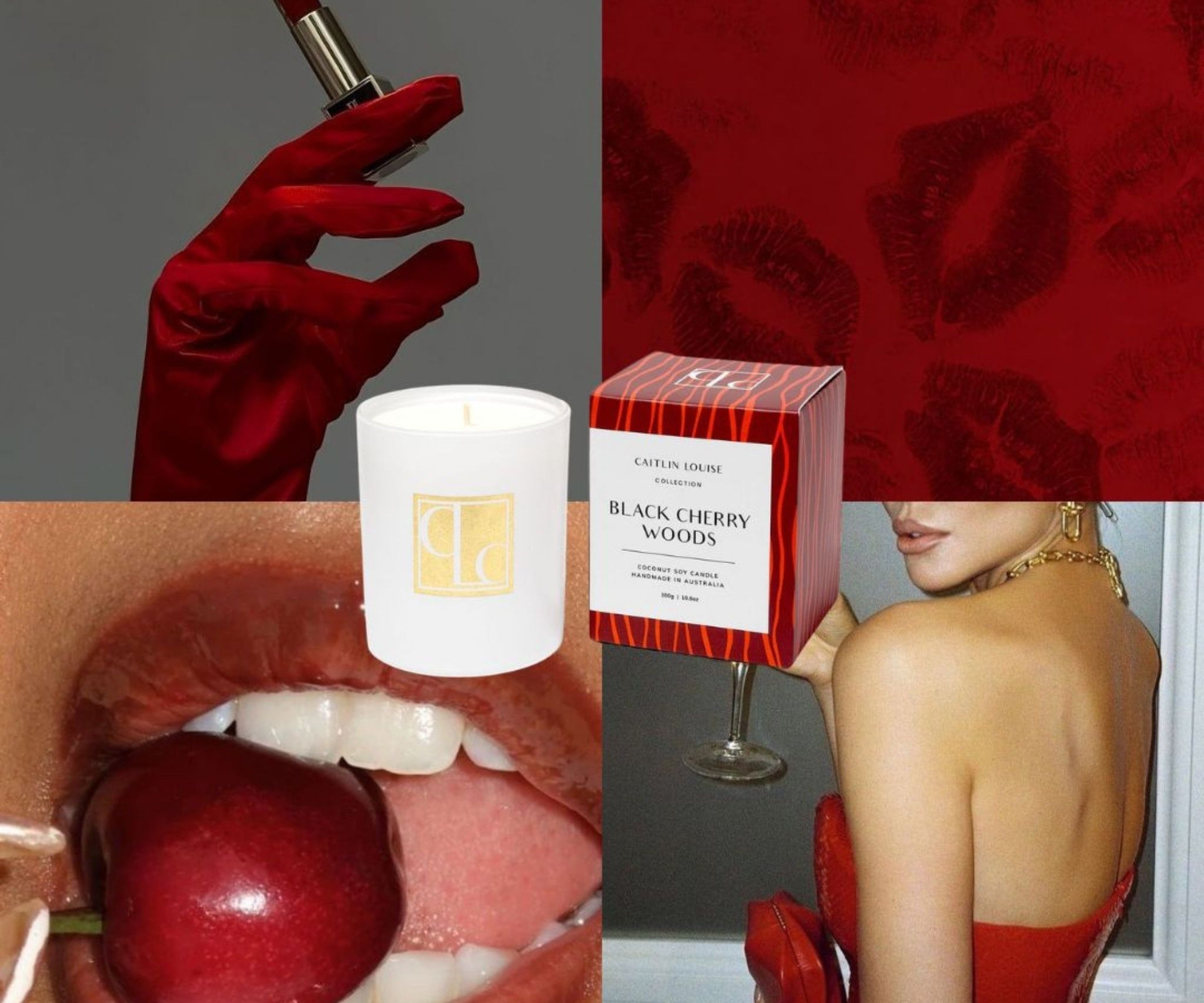 Collage of a lit candle, red lips with a cherry, a box labeled 'Black Cherry Woods', and a woman in red high heels.
