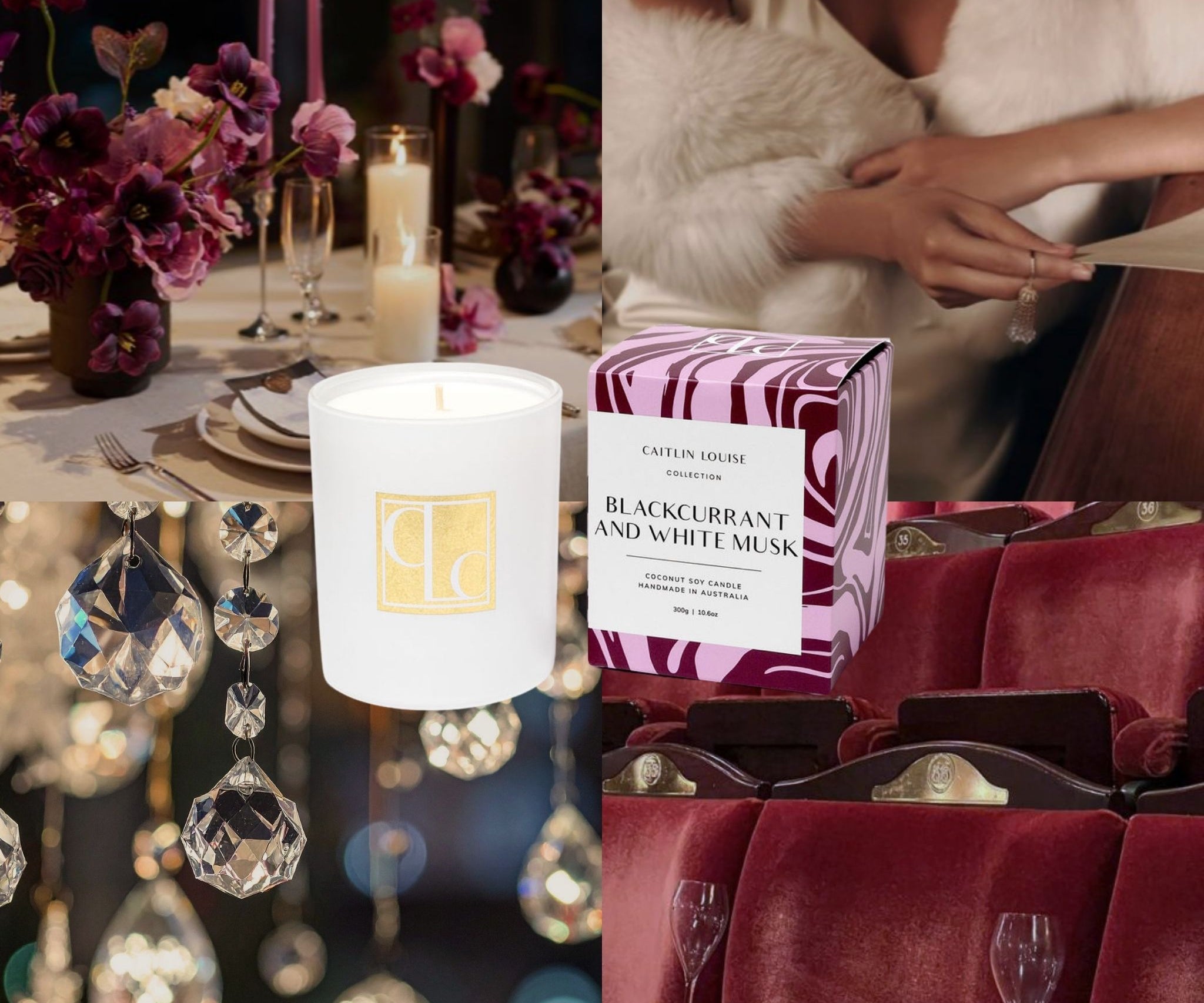 Candle with a decorative box and a table setting with flowers and candles.