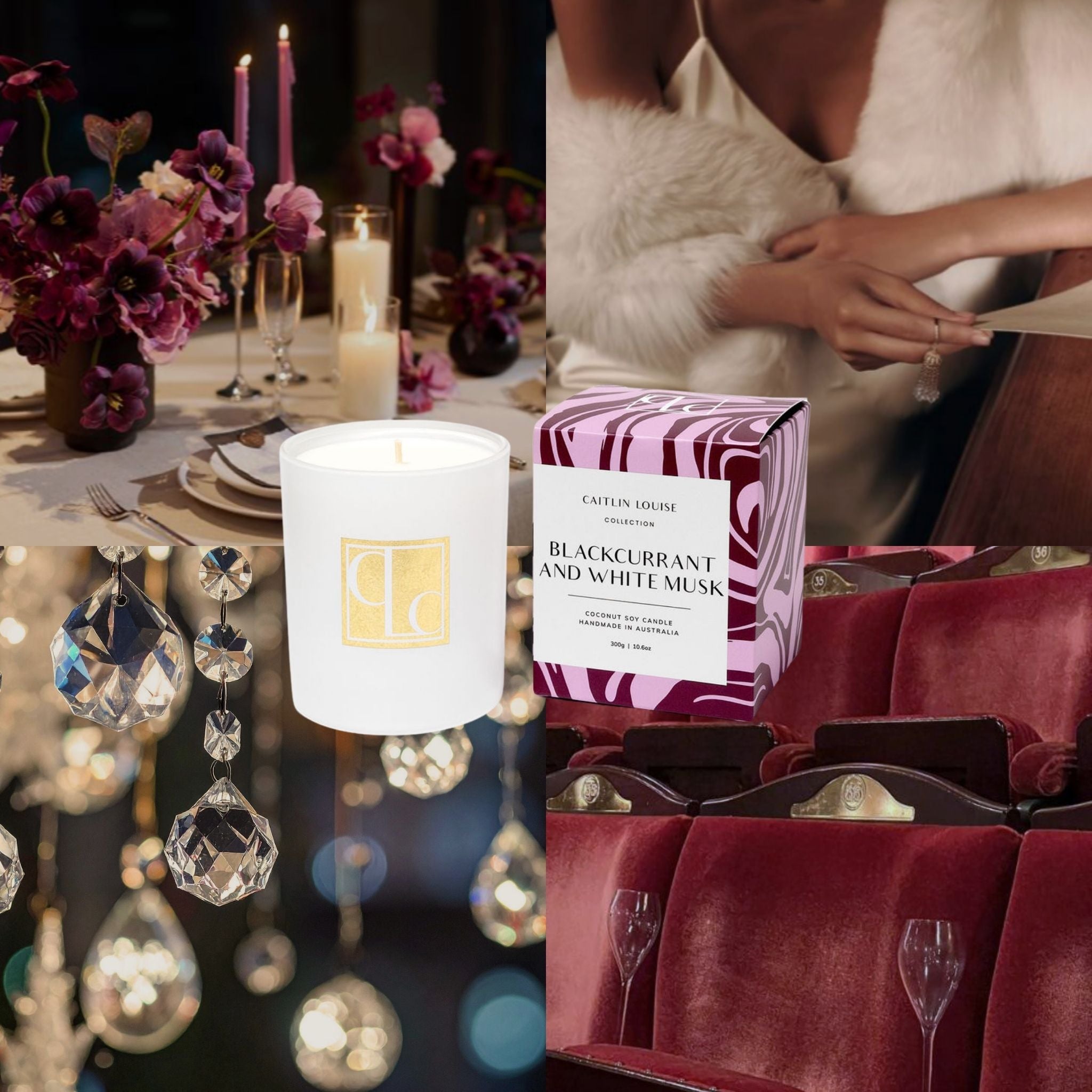 Candle with a decorative box and a table setting with flowers and candles.