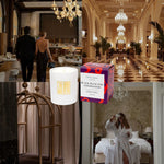 Collage of a candle, packaging, and a person in a robe in a luxurious setting.