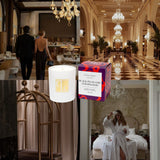 Collage of a candle, packaging, and a person in a robe in a luxurious setting.