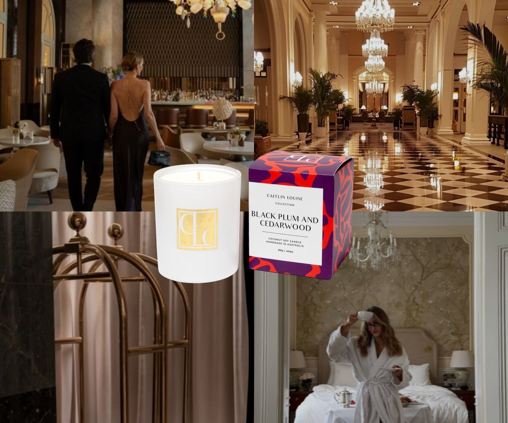 Collage of a candle, packaging, and a person in a robe in a luxurious setting.