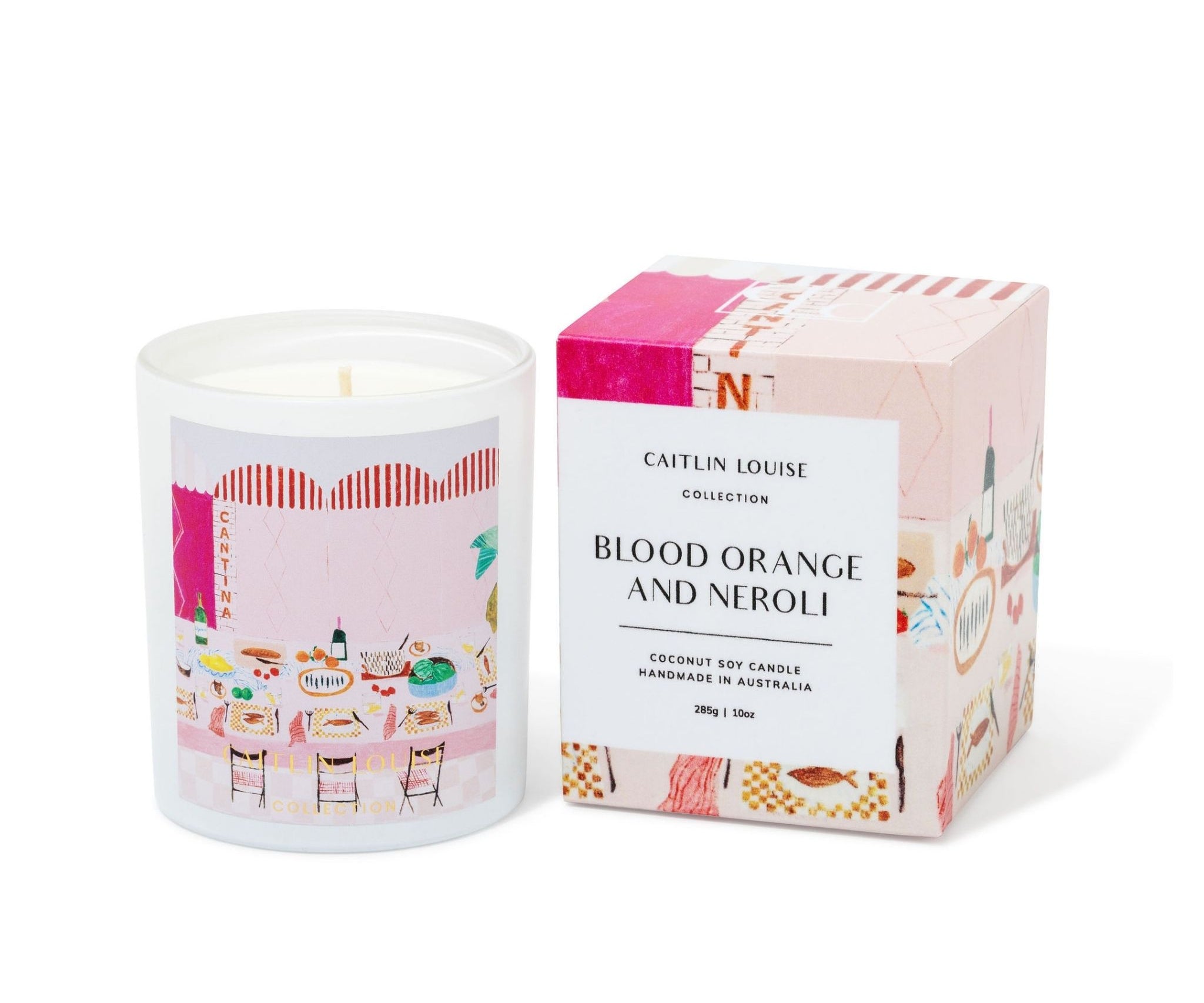 Candle with matching packaging labeled 'Blood Orange and Neroli' by Caitlin Louise on a white background