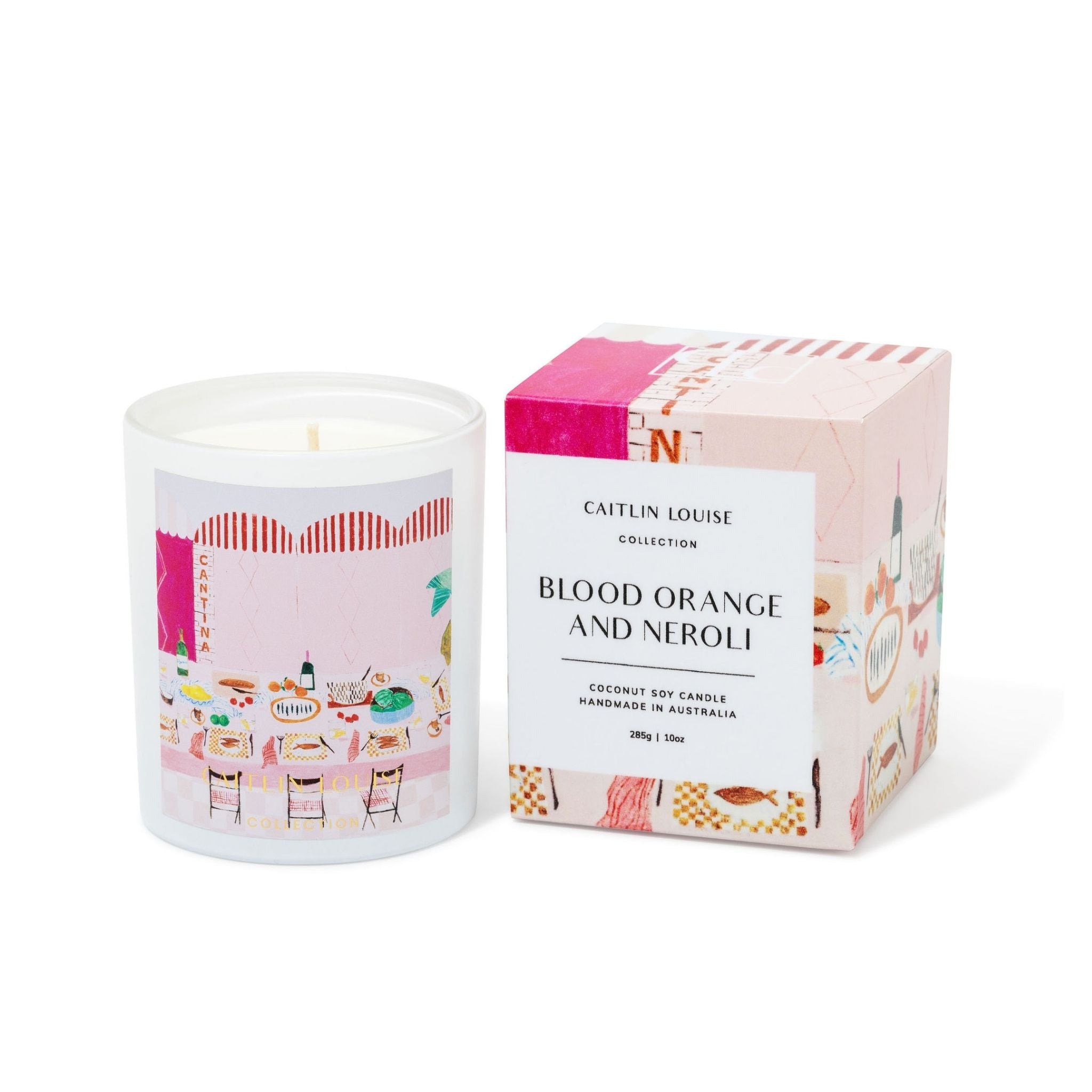 Candle with matching packaging labeled 'Blood Orange and Neroli' by Caitlin Louise on a white background