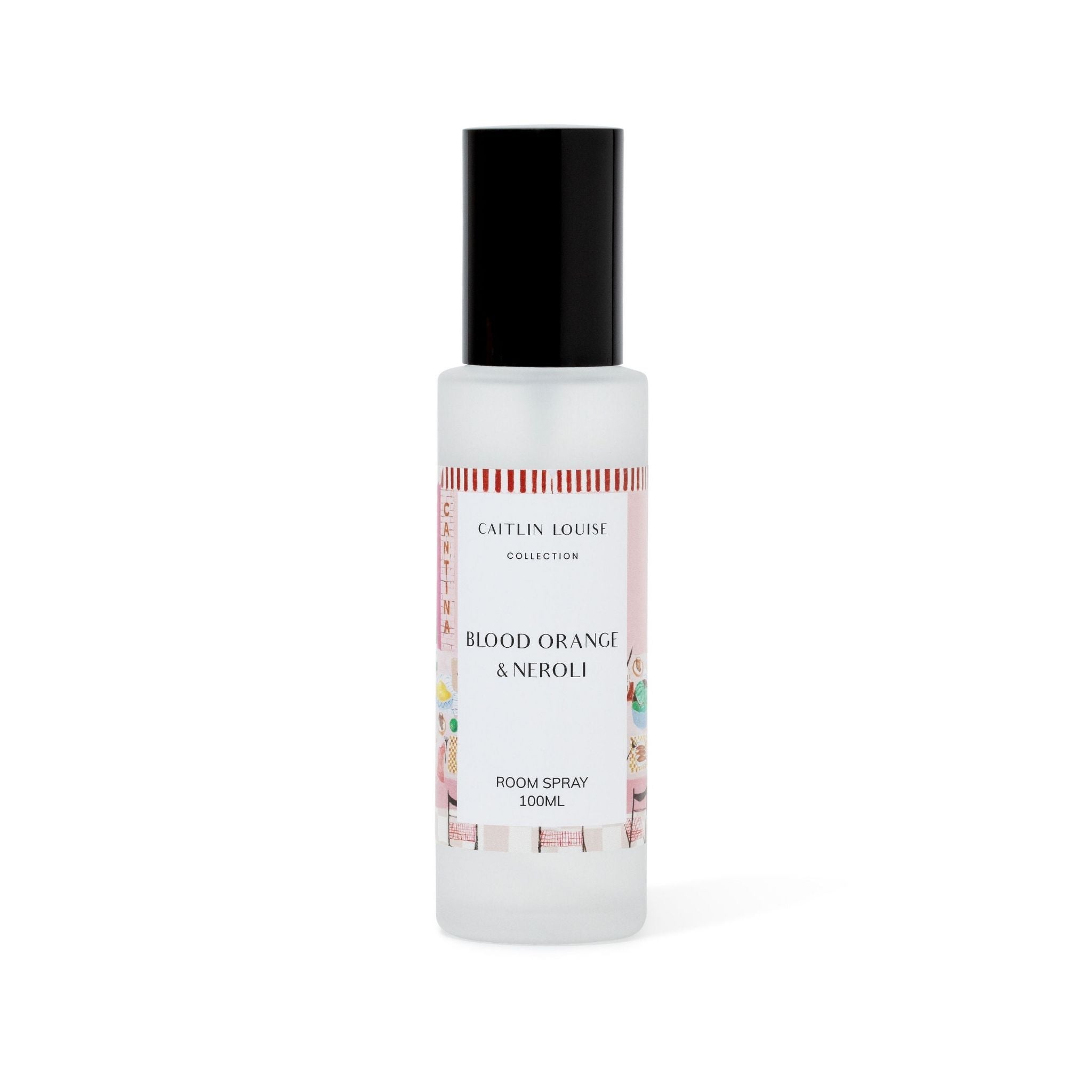 Room spray bottle labeled 'Blood Orange & Neroli' by Caitlin Louise on a white background