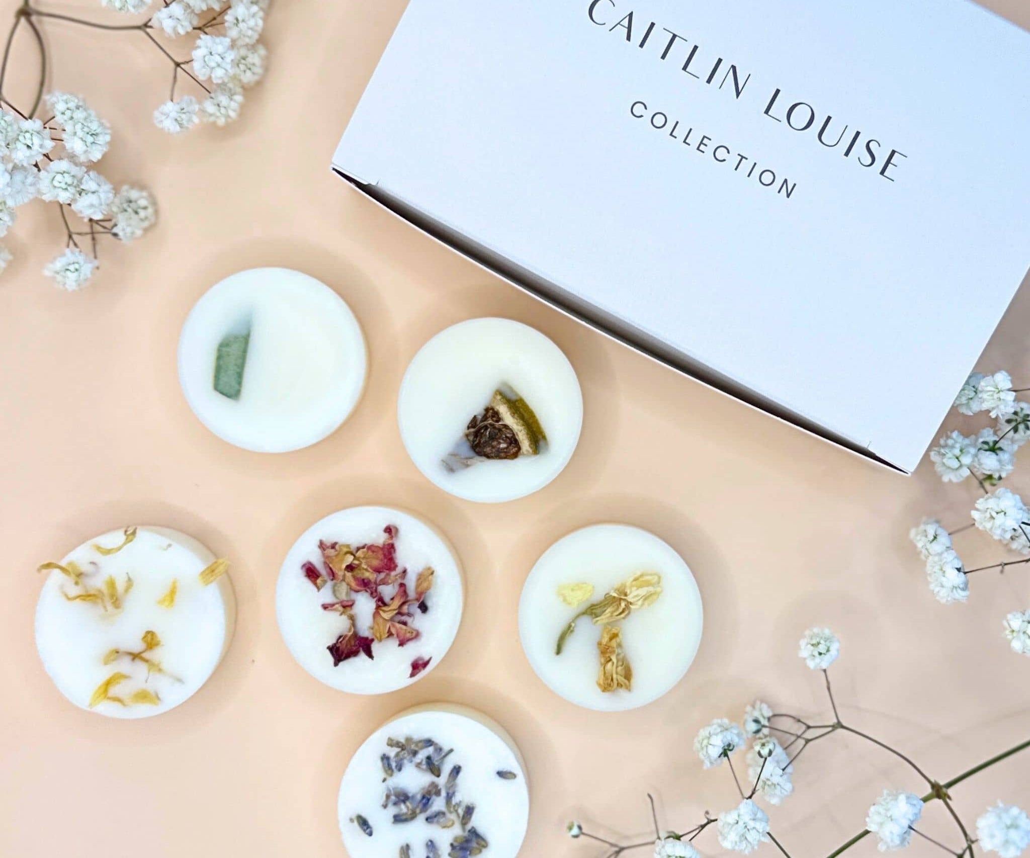 Caitlin Louise Collection Botanical Wax Melts - 6 pack - flat lay with box and baby's breath