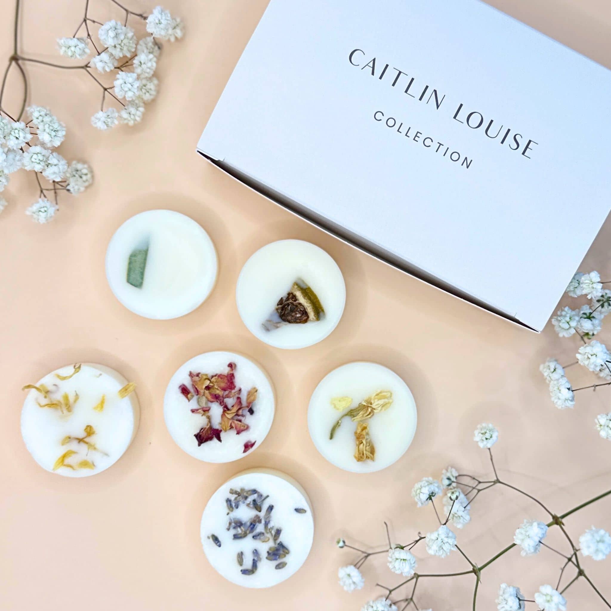 Caitlin Louise Collection Botanical Wax Melts - 6 pack - flat lay with box and baby's breath