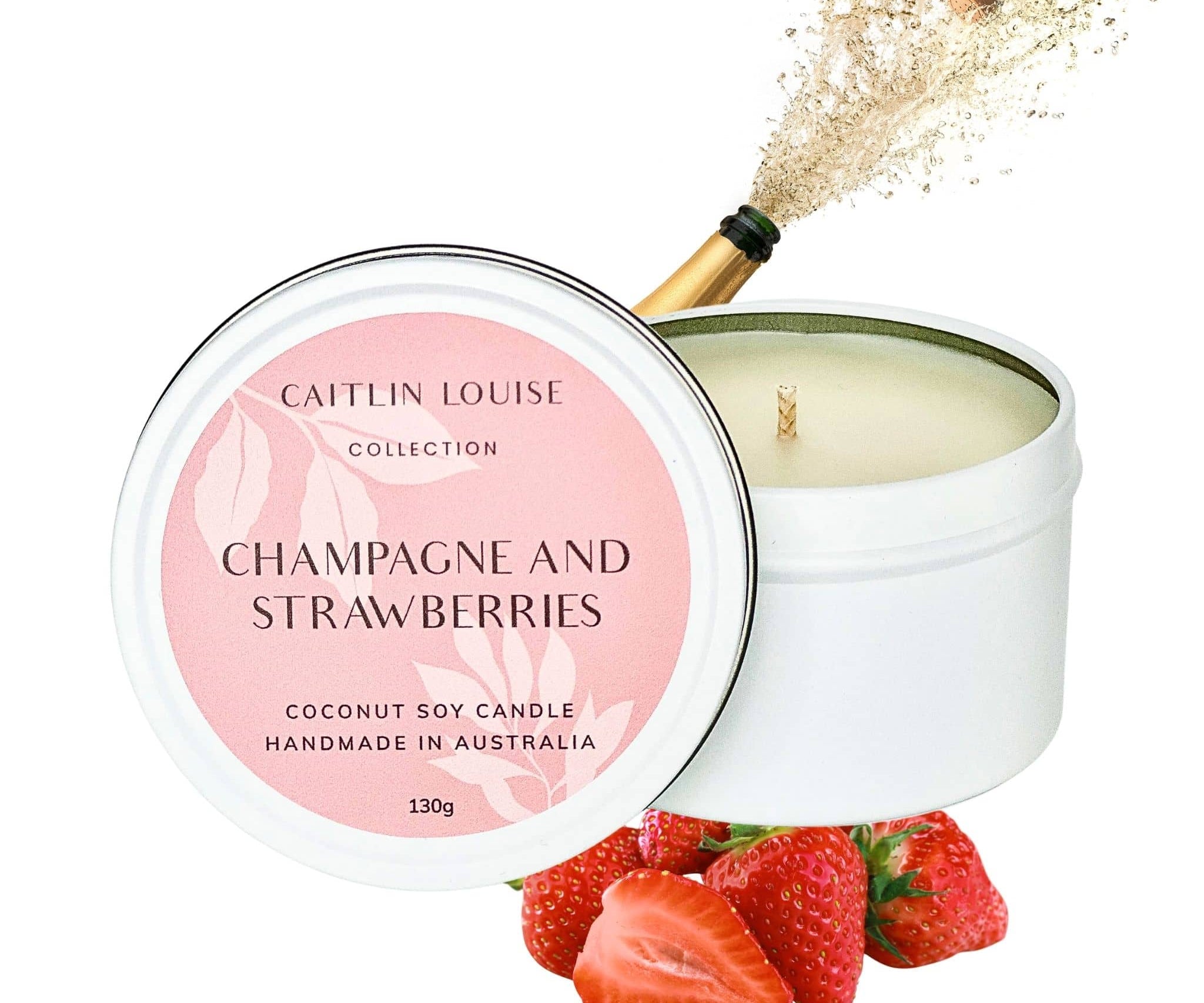 Champagne and Strawberries scented travel tin candle - white background