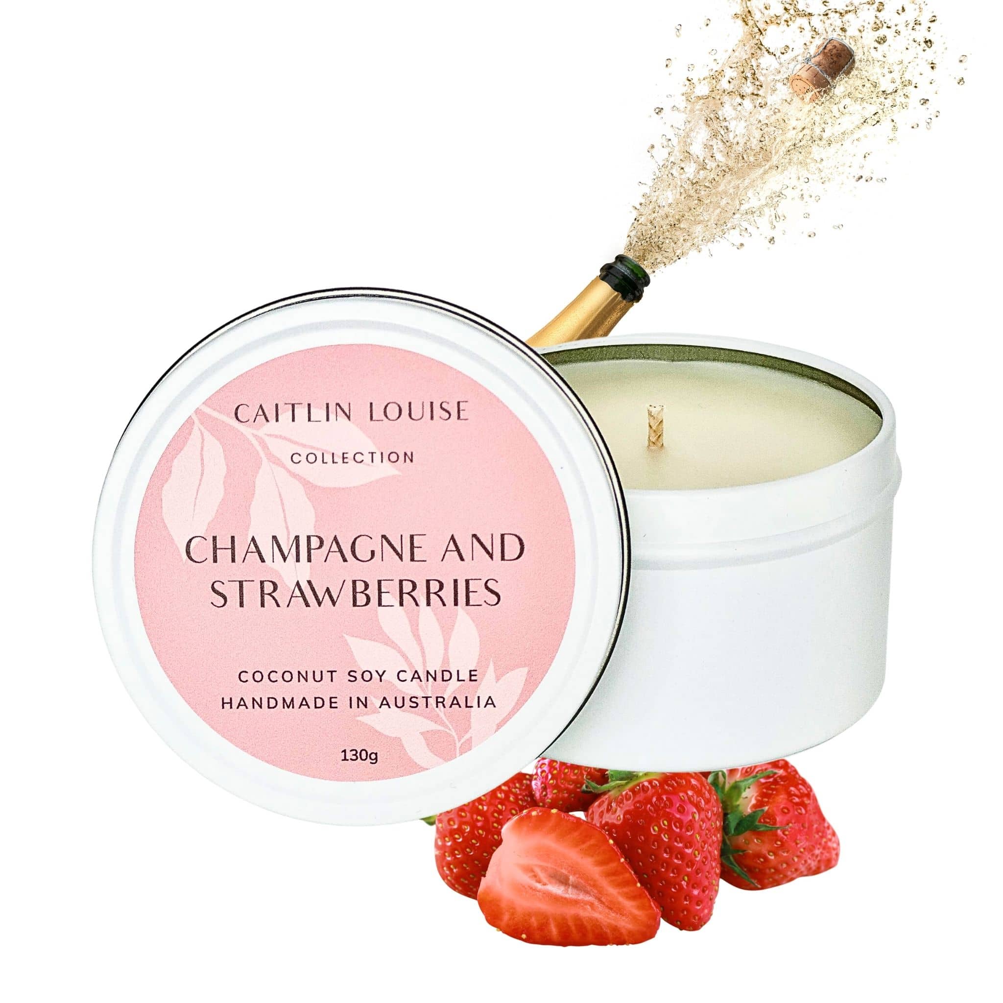 Champagne and Strawberries scented travel tin candle - white background