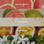 Collage of pink grapefruit, guava, pink champagne, passionfruit, and jasmine with labels above each.