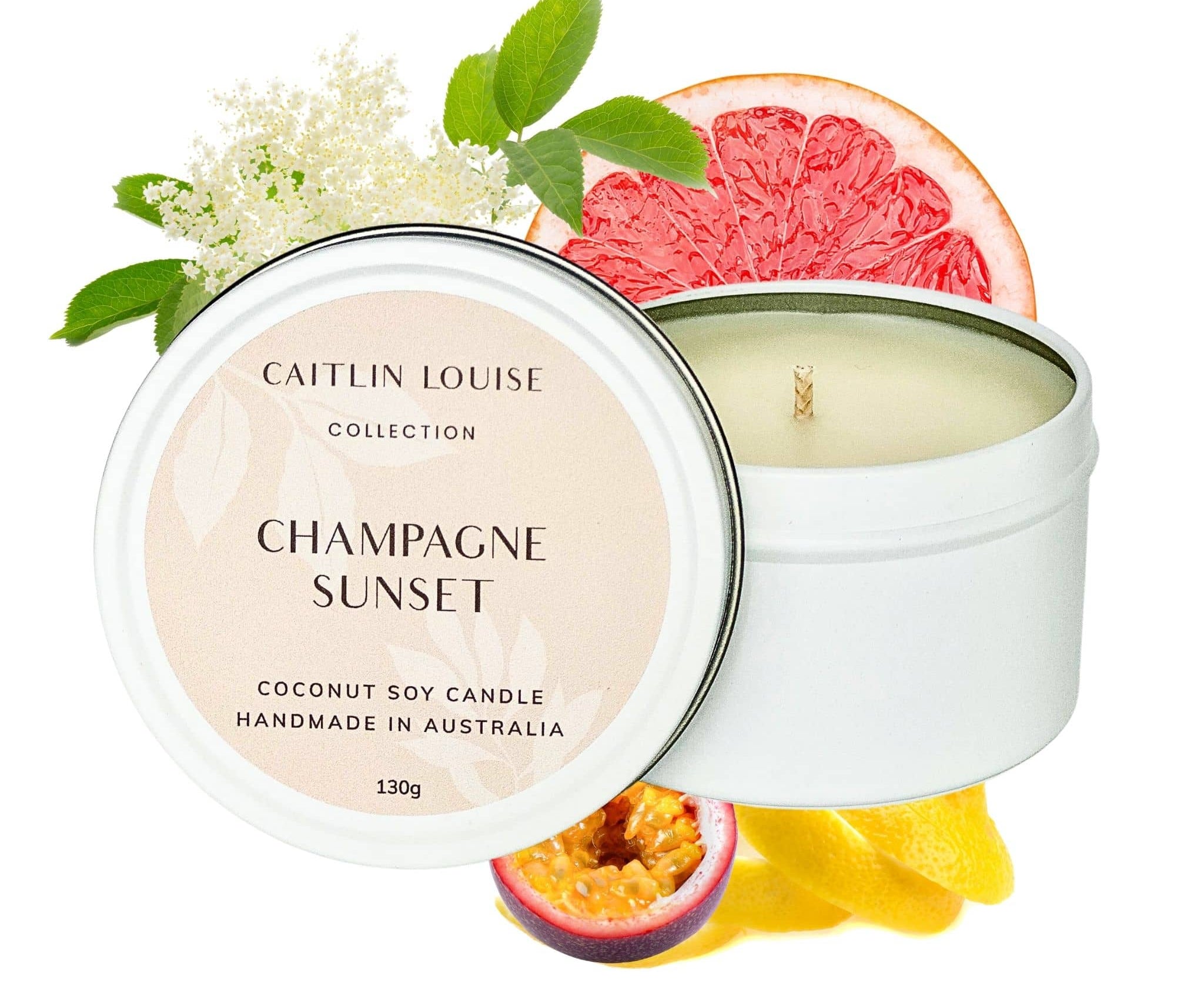 Champagne Sunset scented travel tin candle - white background