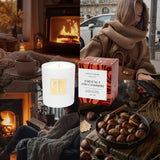 Collage of fireplace, reading, roasted chestnuts and CLC candle in the middle