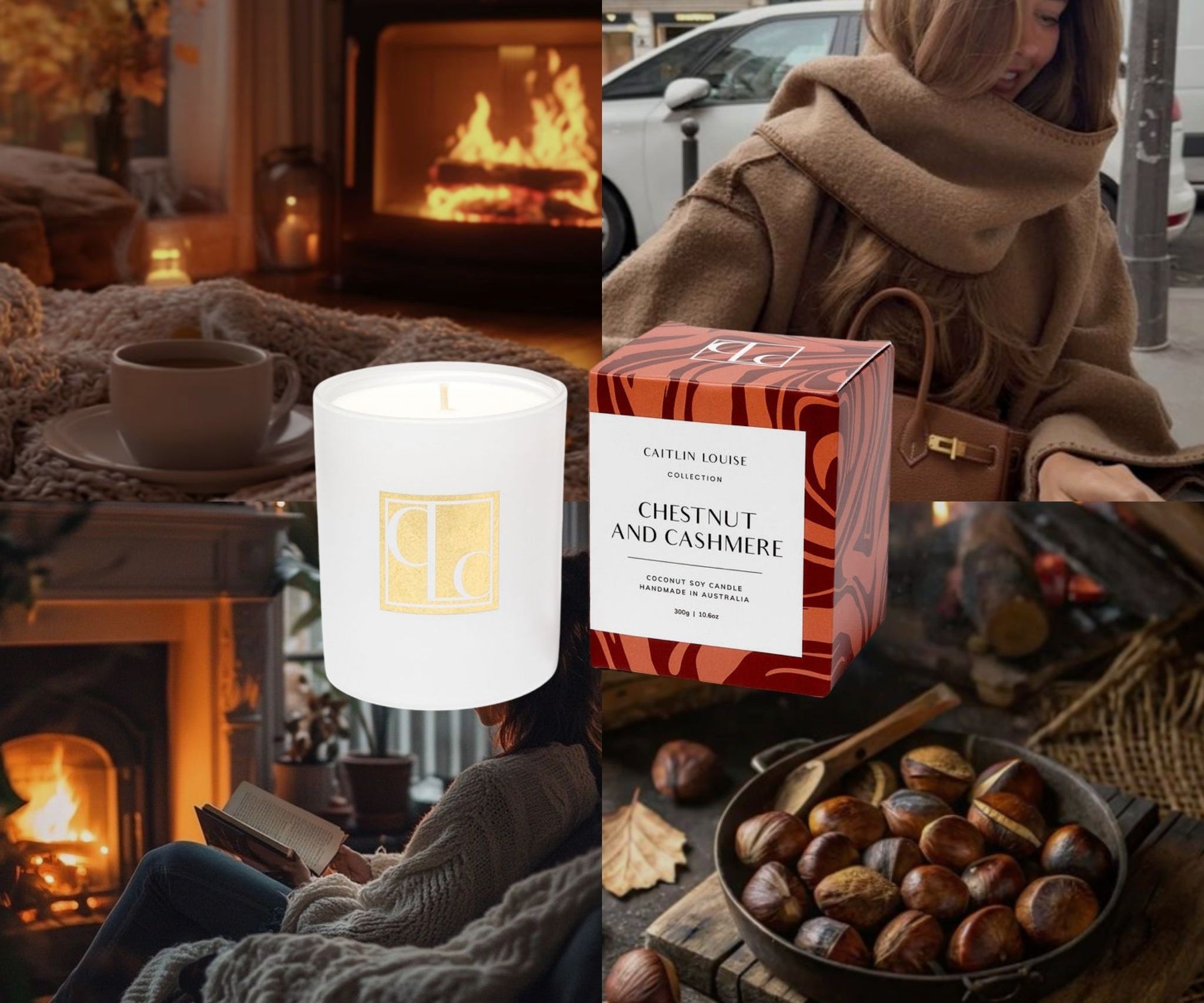 Collage of fireplace, reading, roasted chestnuts and CLC candle in the middle