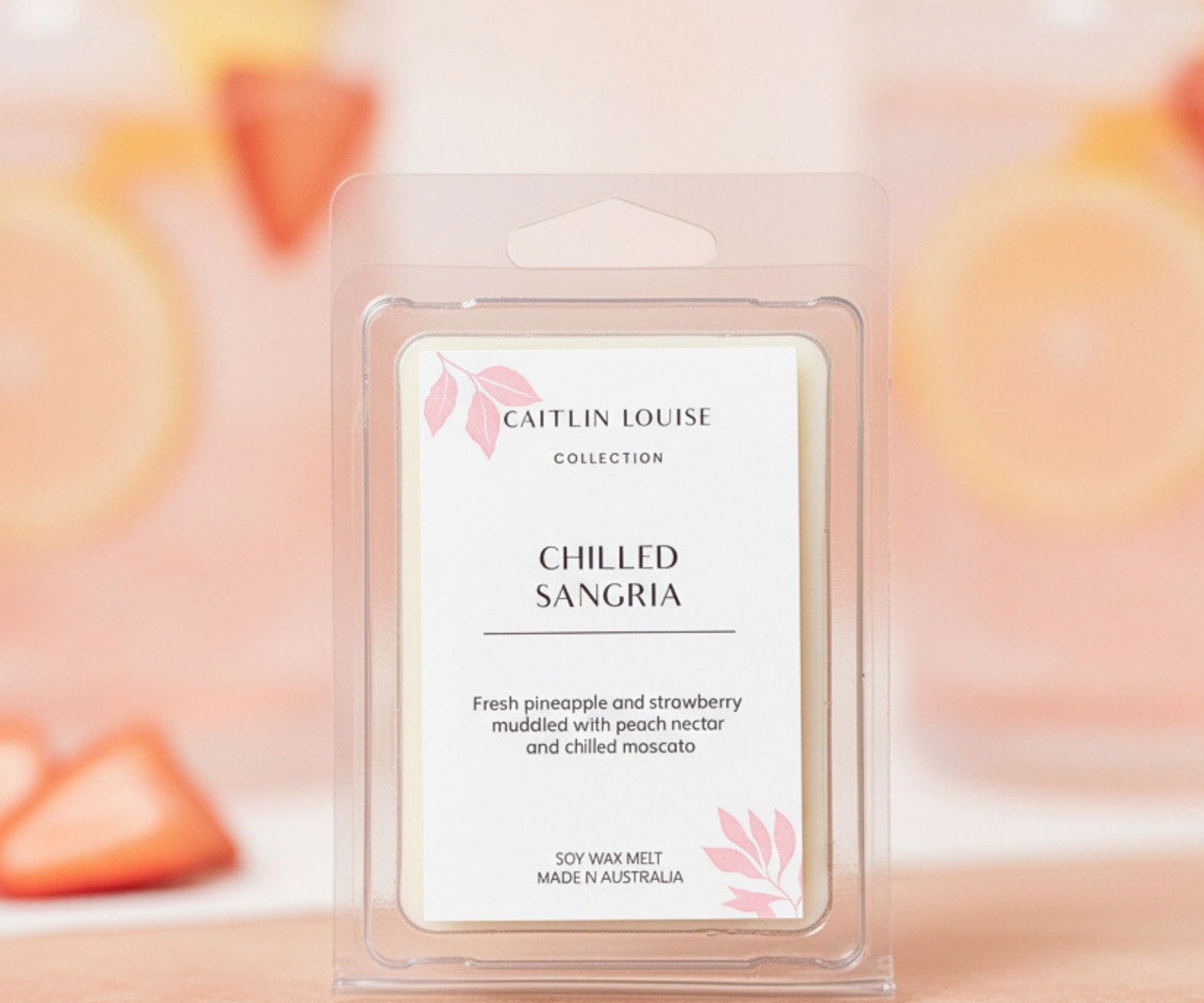 Chilled Sangria wax melt clam shell with aestehtic peach colour background