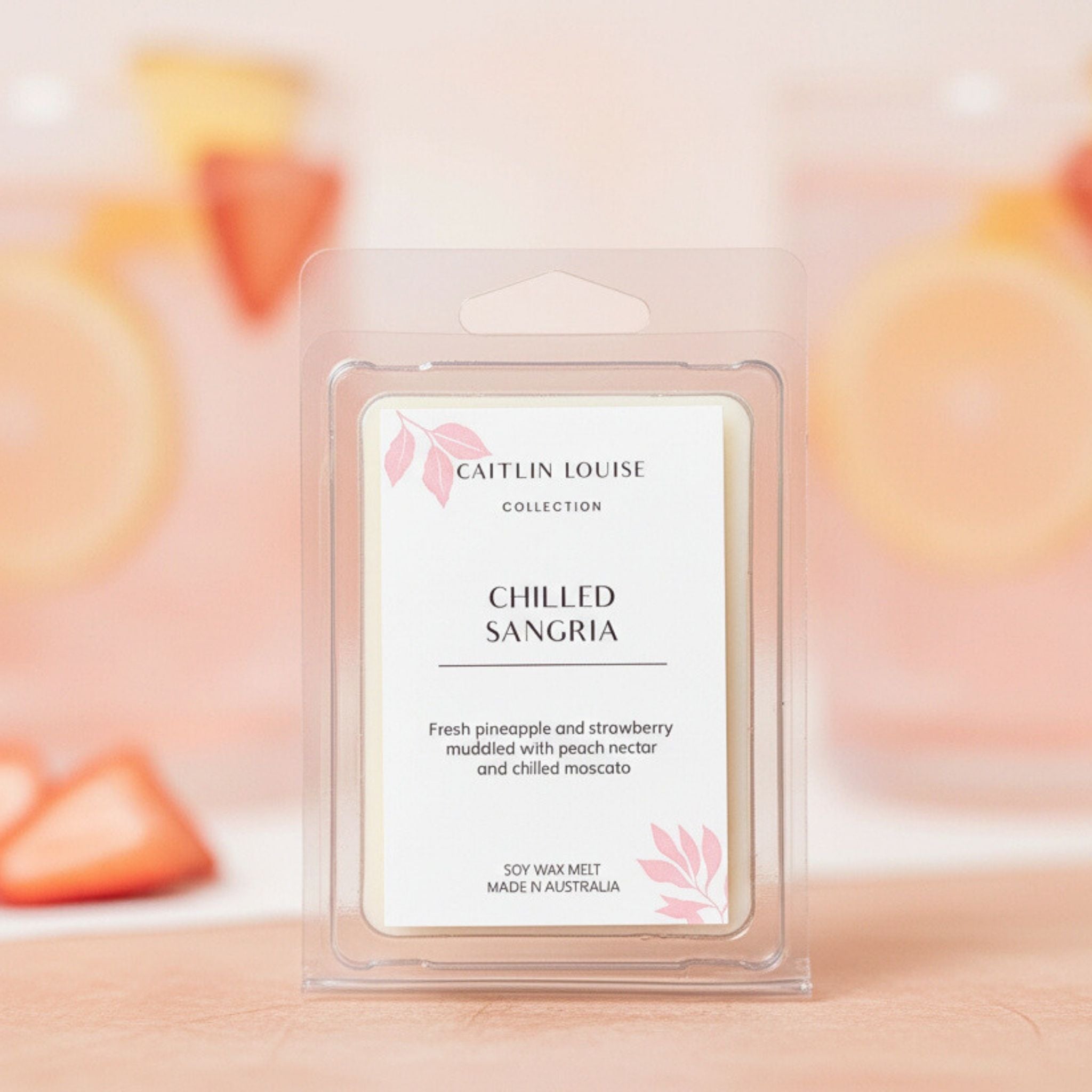 Chilled Sangria wax melt clam shell with aestehtic peach colour background