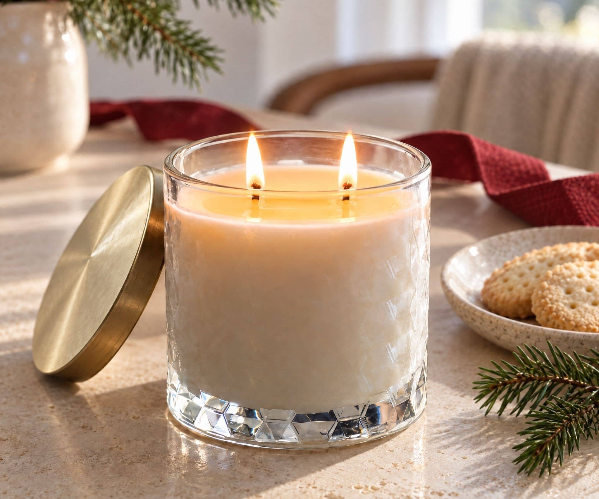 Caitlin Louise Collection Christmas Shortbread scented candle on stone table with pine sprigs and shortbread on the table