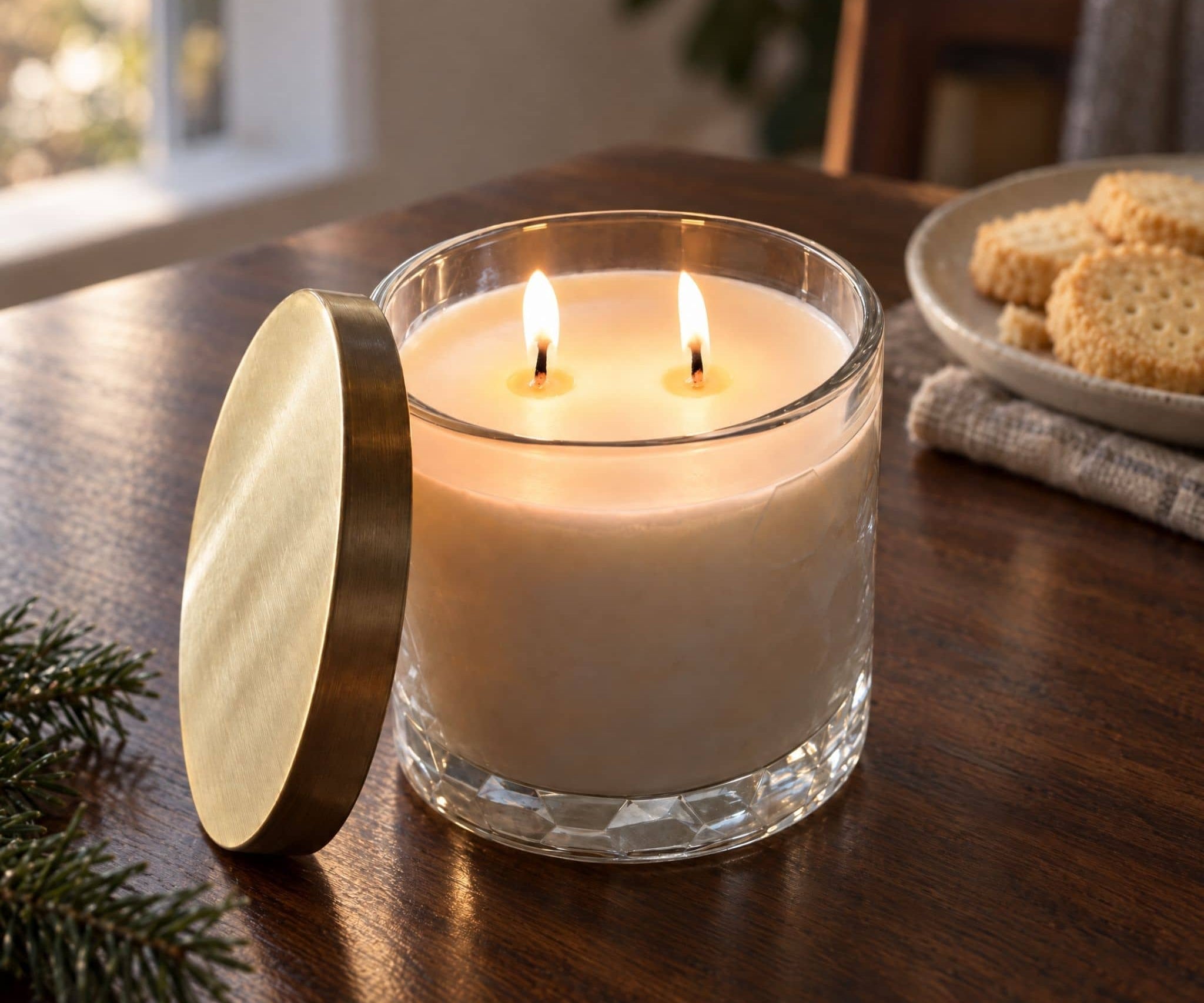 Caitlin Louise Collection Christmas Shortbread scented candle on stone table with pine sprigs and shortbread on the table