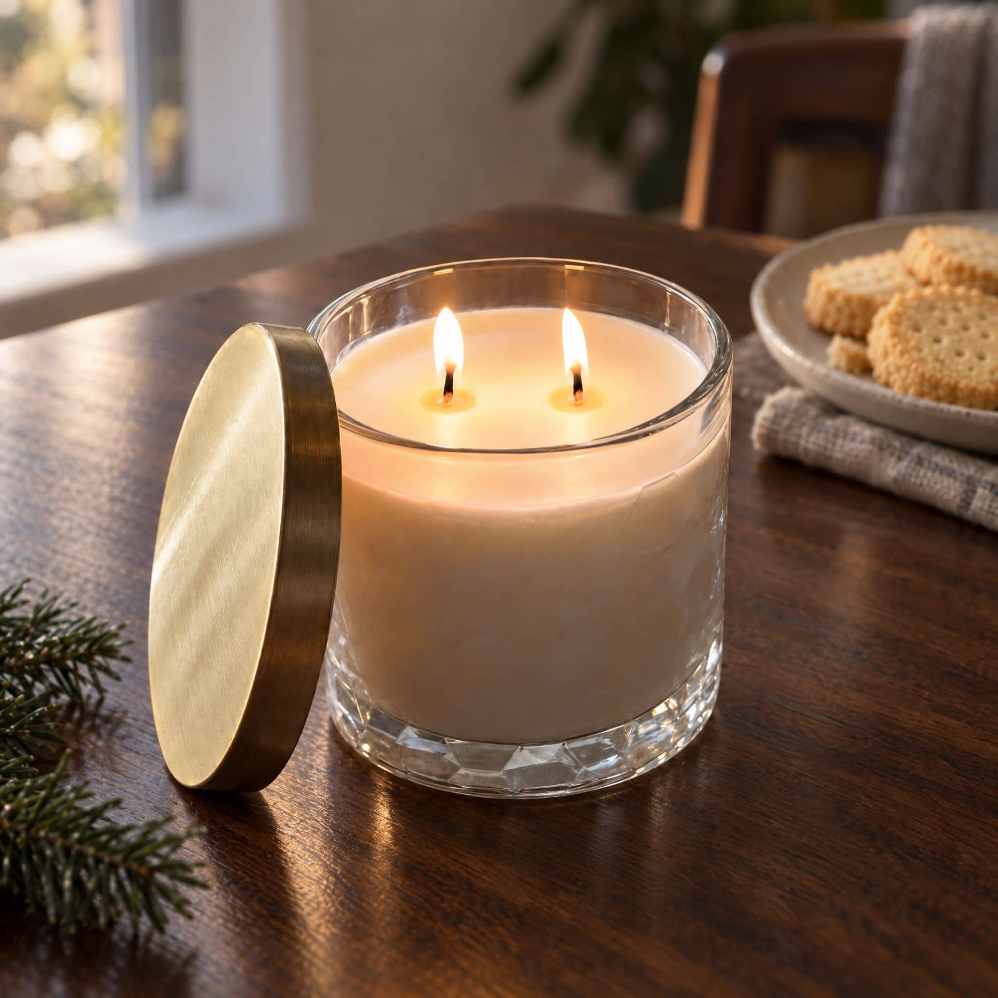Caitlin Louise Collection Christmas Shortbread scented candle on stone table with pine sprigs and shortbread on the table