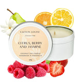 Citrus, berry and jasmine scented travel tin candle - white background