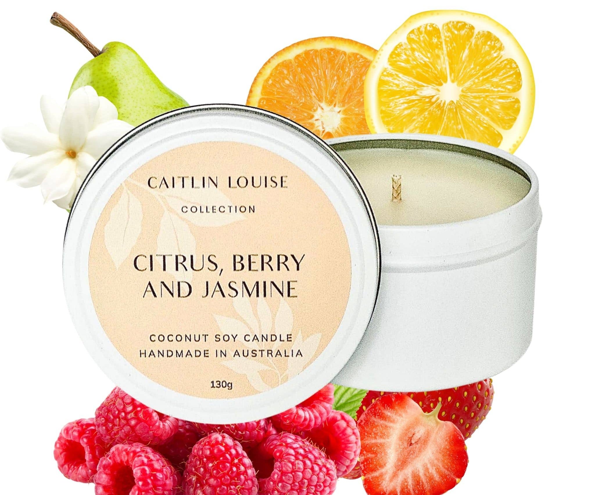 Citrus, berry and jasmine scented travel tin candle - white background
