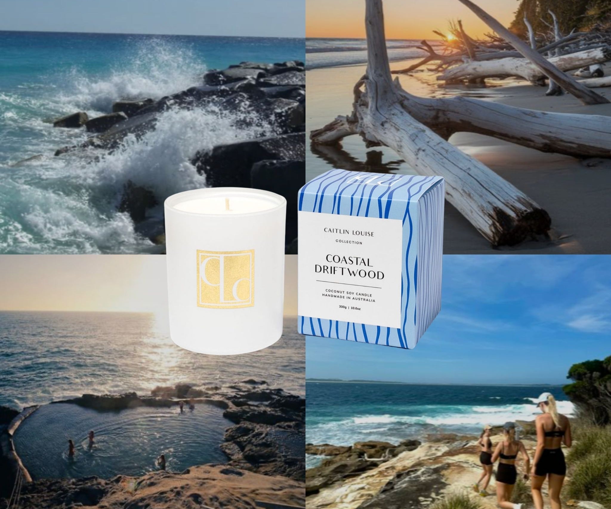 Collage of coastal scenes with a candle and packaging, including ocean waves, driftwood, and people on a beach.